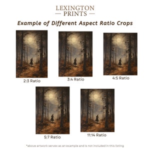Image provides an example of how an art print looks on the different aspect ratios of 2x3, 3x4, 4x5, 5x7, and 11x14