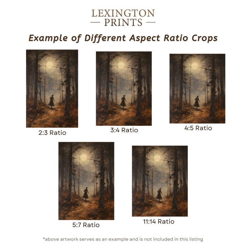Image provides an example of how an art print looks on the different aspect ratios of 2x3, 3x4, 4x5, 5x7, and 11x14