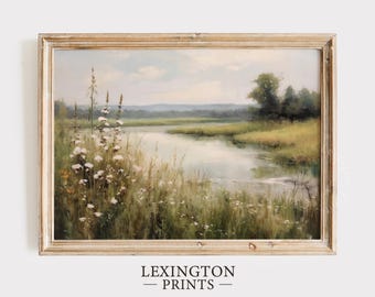 Spring Wildflower River PRINTABLE Wall Art, Vintage Farmhouse Print, Rustic Oil Painting, White Floral Home Decor, Digital Download 607