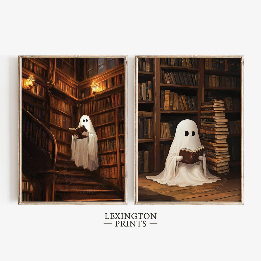 Ghost Library Wall Art Halloween Printable Set of 2, Ghost Reading ...