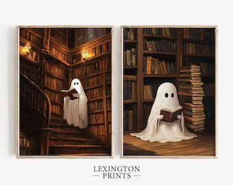 Ghost Library Wall Art Halloween Printable Set of 2, Ghost Reading Print Book Lover Gift, Dark Academia Decor Vintage Halloween Prints 841