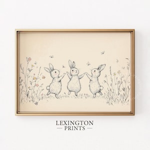 Vintage Bunny Print, Nursery PRINTABLE Wall Art, Bunny Wall Art Baby Bunny Decor, Beige Nursery Decor Bunny Sketch Baby Room Art Floral 1064