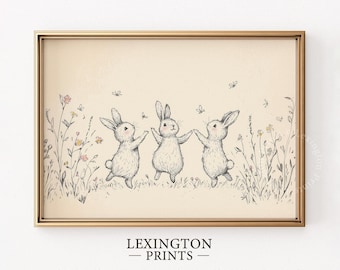 Vintage Bunny Print, Nursery PRINTABLE Wall Art, Bunny Wall Art Baby Bunny Decor, Beige Nursery Decor Bunny Sketch Baby Room Art Floral 1064