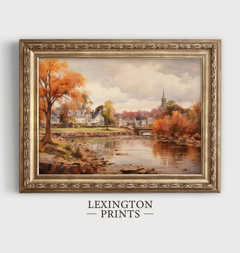 Vintage city town painting oil painting art print displayed in an antique frame against a white background. The painting features intricate brushwork and colors. The shop name Lexington Prints is written out beneath the wall art frame.