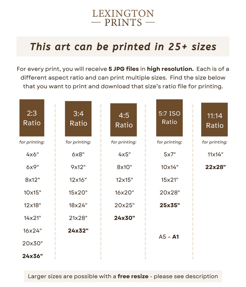 Image details how sizing works for the art print. Each print contains 5 different sizes. For every print, you will receive 5 JPG files in high resolution, each with a slightly different crop. The print comes in 2x3 ratio, 3x4 , 4x5, 5x7, + 11x14