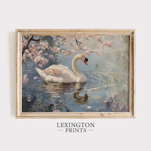 Cherry Blossom Swan Print, Vintage PRINTABLE Wall Art, Spring Decor Farmhouse Nursery Print, Romantic Wall Art Swan Home Decor Pink 1007