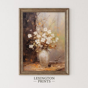 Fall Vintage fall botanical wall art flower painting oil painting art print displayed in an antique frame against a white background. The painting features intricate brushwork and colors. The shop name Lexington Prints is written out beneath
