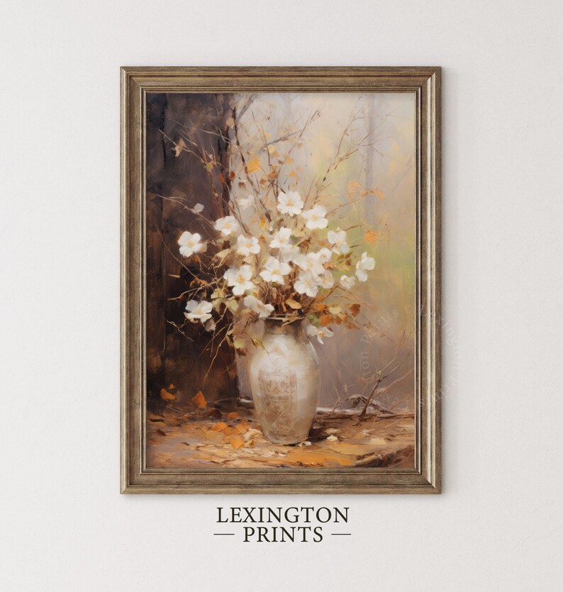 Fall Vintage fall botanical wall art flower painting oil painting art print displayed in an antique frame against a white background. The painting features intricate brushwork and colors. The shop name Lexington Prints is written out beneath