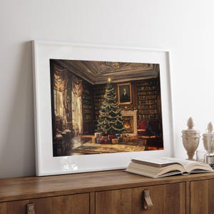 Vintage Christmas wall art print of a Christmas tree and presents in a moody Victorian library living room. It is displayed in an antique frame. The painting features intricate brushwork and colors. The shop name Lexington Prints is written out
