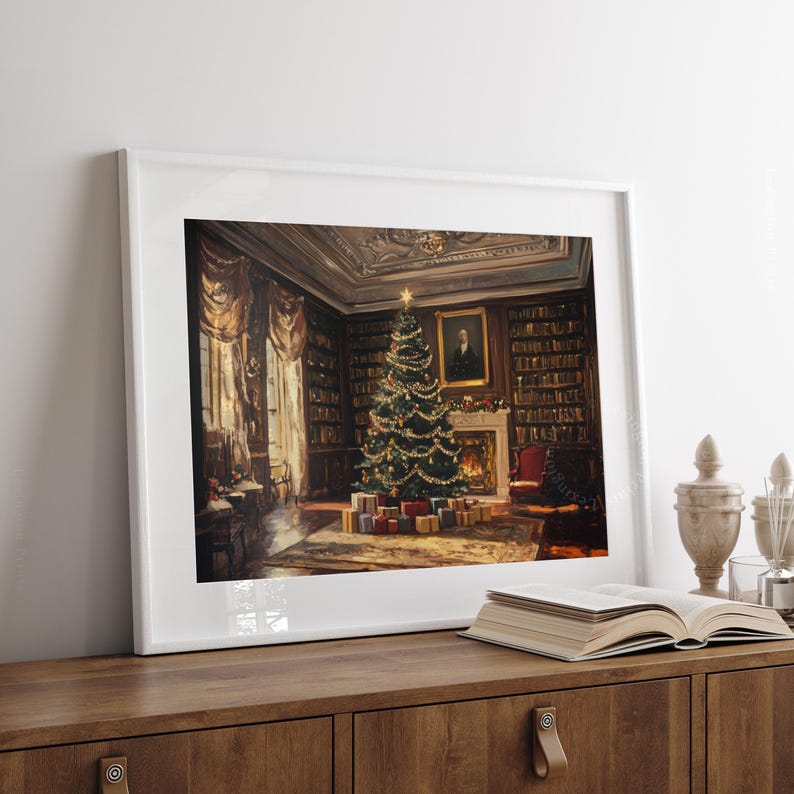 Vintage Christmas wall art print of a Christmas tree and presents in a moody Victorian library living room. It is displayed in an antique frame. The painting features intricate brushwork and colors. The shop name Lexington Prints is written out