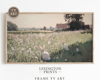 Neutral Bunny Wildflower TV Art, Spring Frame TV Art, Pink Easter Decor Spring Tv Art Bunny Tv Art, Rustic Home Decor Vintage Floral Tv 1094