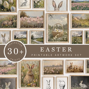 May include: A collection of framed Easter-themed prints. The artwork features bunnies, eggs, and floral landscapes in a vintage style. The text on the image reads "Easter Printable Artwork Set" and "30+ Prints".