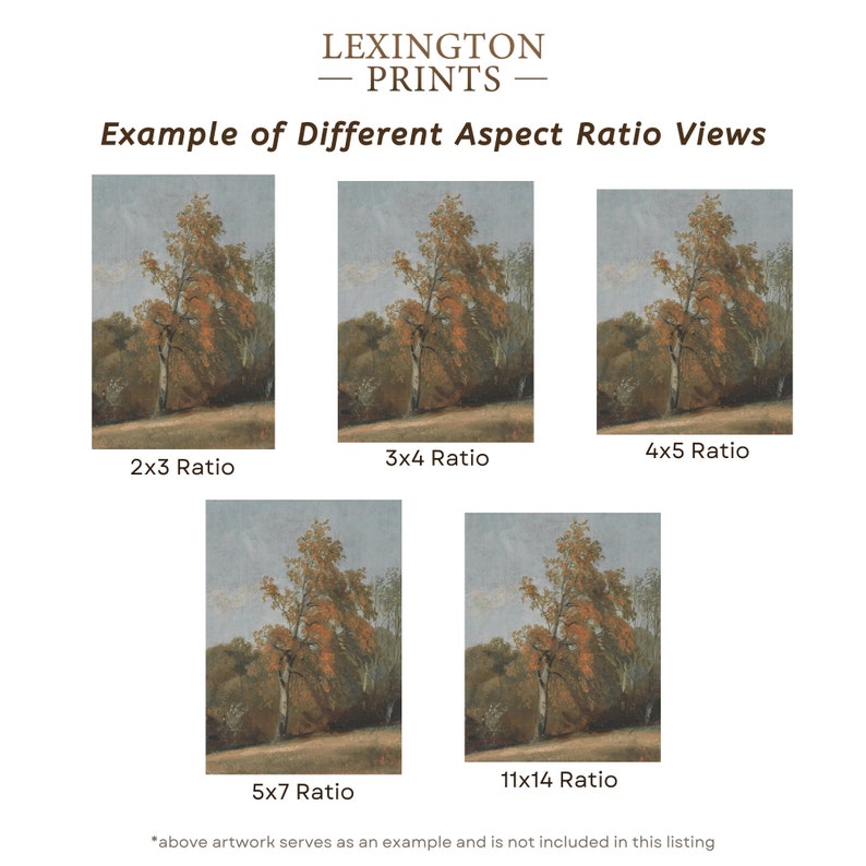 Image provides an example of how an art print looks on the different aspect ratios of 2x3, 3x4, 4x5, 5x7, and 11x14