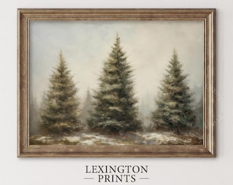 May include: A painting depicting three evergreen trees in a snowy woodland setting. The trees are tall and slender, with dark green needles. The snow is white and fluffy, and the sky is a soft blue.