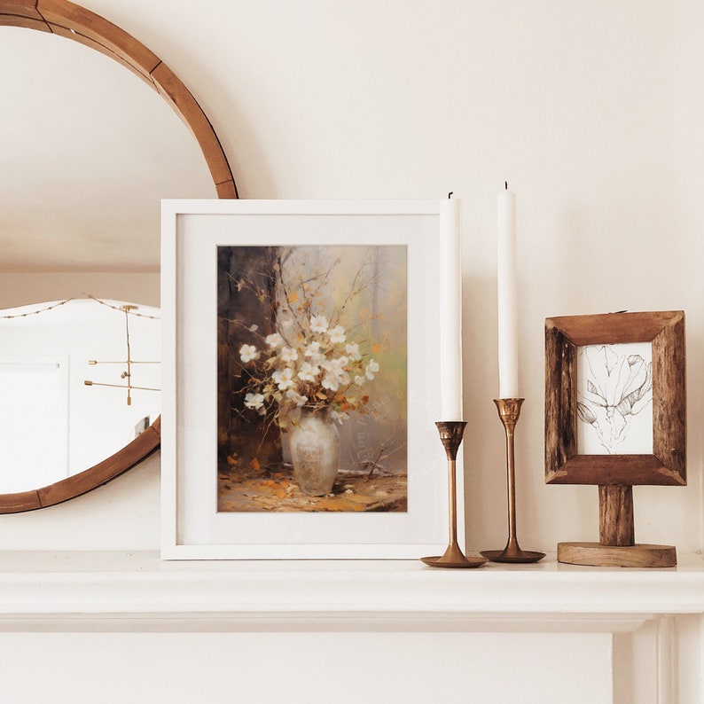 Fall Vintage fall botanical wall art flower painting oil painting art print displayed in an antique frame against a white background. The painting features intricate brushwork and colors. The shop name Lexington Prints is written out beneath