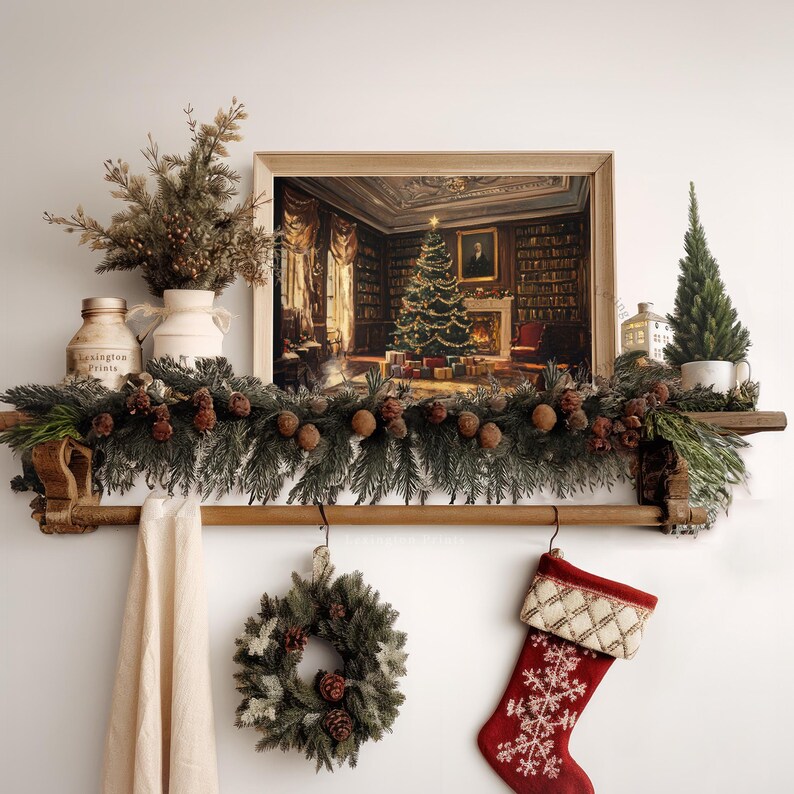 Vintage Christmas wall art print of a Christmas tree and presents in a moody Victorian library living room. It is displayed in an antique frame. The painting features intricate brushwork and colors. The shop name Lexington Prints is written out