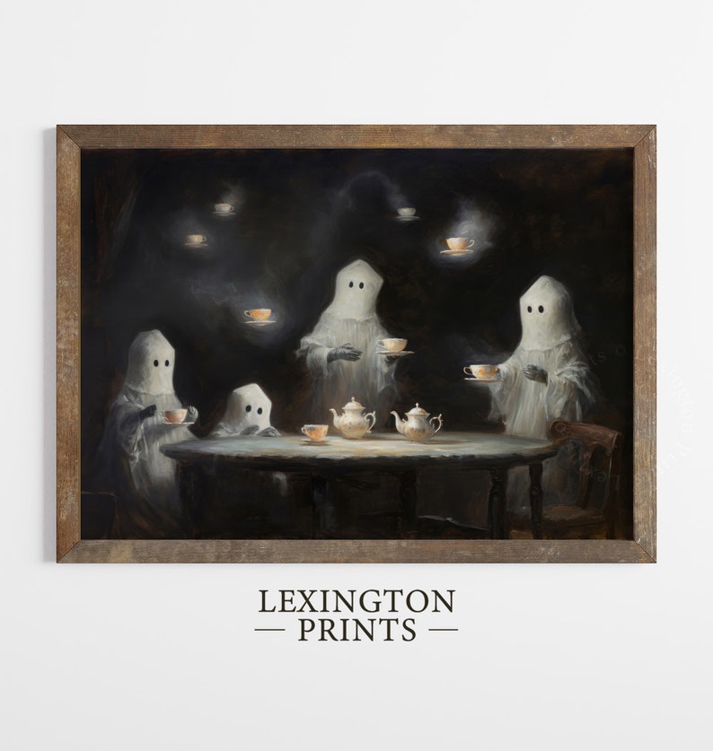 Vintage ghost painting oil painting art print displayed in an antique frame against a white background. The painting features intricate brushwork and colors. The shop name Lexington Prints is written out beneath the wall art frame.