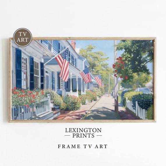 Summer Americana Frame TV Art 4th of July TV Art, Summer Tv Art Coastal Tv Art, USA Oil Painting Vintage Summer Decor American Flag Art 719