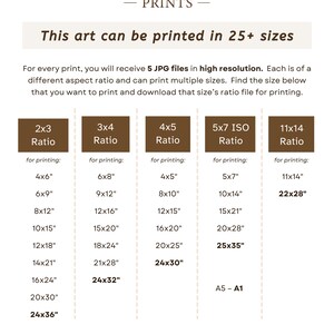 May include: A chart showing different aspect ratios for printing art. The chart shows the ratio, the size in inches, and the size in centimeters. The chart is labeled "This art can be printed in 25+ sizes".