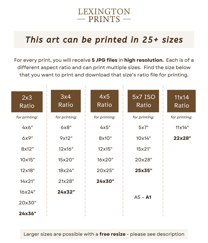 May include: A chart showing different aspect ratios for printing art. The chart shows the ratio, the size in inches, and the size in centimeters. The chart is labeled "This art can be printed in 25+ sizes".