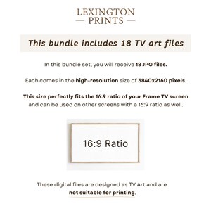 This image describes how the artwork is designed for a Frame TV. You receive 18 JPG files in a 16x9 ratio, which perfectly fits your Samsung Frame TV screen.