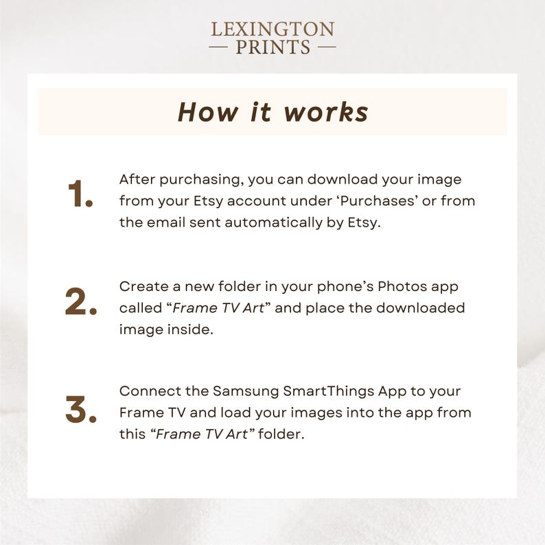 This image describes how Frame TV art works with downloading the artwork and displaying it with the Samsung SmartThings phone app.