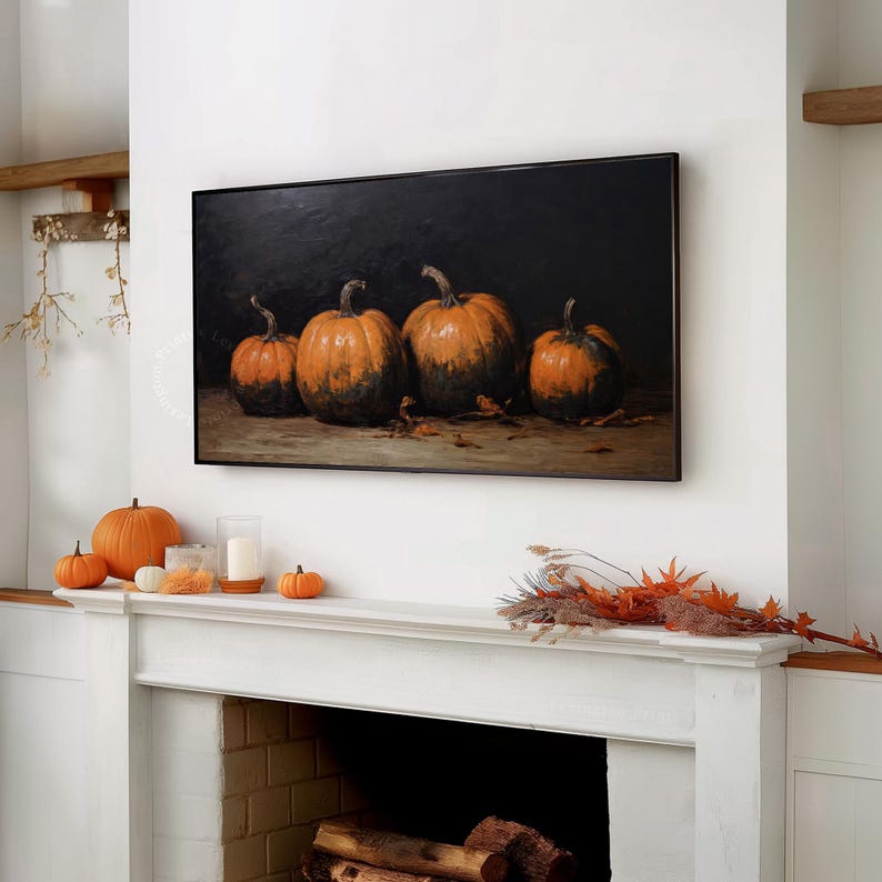 Vintage Halloween Frame TV art for Samsung Frame TV set of 4. This is a bundle of spooky Halloween TV art of jack o lanterns, ghosts, and pumpkins. It is meant to be displayed in a Frame TV. The shop name Lexington Prints is listed below