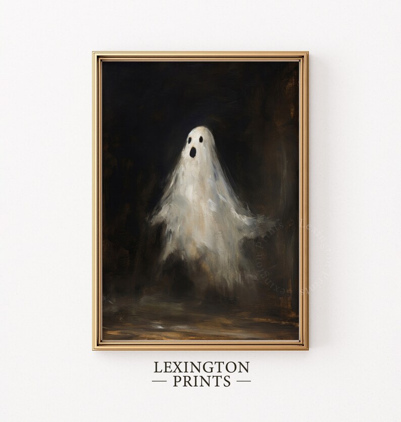 Vintage ghost painting oil painting art print displayed in an antique frame against a white background. The painting features intricate brushwork and colors. The shop name Lexington Prints is written out beneath the wall art frame.