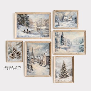 Snowy Printable Winter Wall Art Set of 6, Winter Farmhouse Vintage Landscape Prints, Christmas Prints Winter Wall Art Holiday Home Decor 865