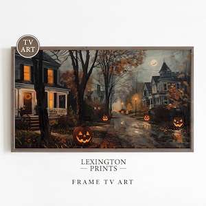 May include: A painting depicting a street lined with houses on a misty Halloween night. Jack-o'-lanterns are lit on the pavement and in the windows of the houses. The street is wet from the rain and there are fallen leaves on the ground.
