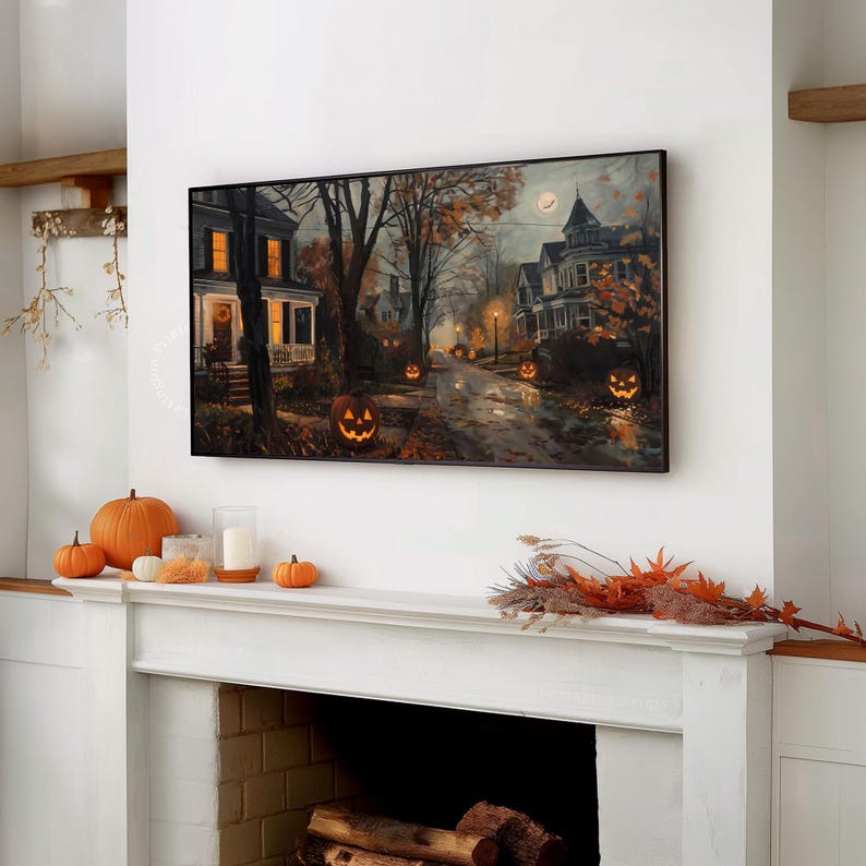 Vintage Halloween Frame TV art for Samsung Frame TV set of 4. This is a bundle of spooky Halloween TV art of jack o lanterns, ghosts, and pumpkins. It is meant to be displayed in a Frame TV. The shop name Lexington Prints is listed below