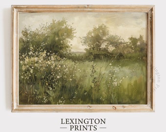 Puede incluir: Una pintura de estilo vintage que representa un prado verde exuberante con flores silvestres y árboles en el fondo. La pintura está enmarcada en un marco de madera claro.