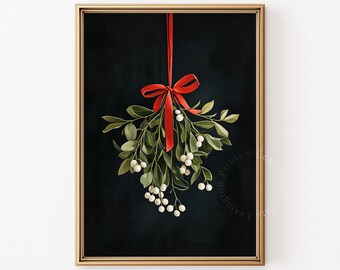 Impresión vintage de muérdago navideño, arte mural imprimible navideño, impresiones navideñas de invierno, arte festivo digital para descargar 818