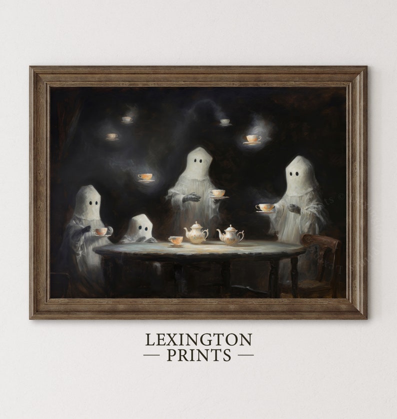 Vintage ghost painting oil painting art print displayed in an antique frame against a white background. The painting features intricate brushwork and colors. The shop name Lexington Prints is written out beneath the wall art frame.