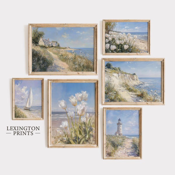 Summer Coastal Printable Wall Set of 6, Beach Print Coastal Wall Art, Summer Prints Vintage Coastal Gallery Wall Set Bathroom Decor Art 1200