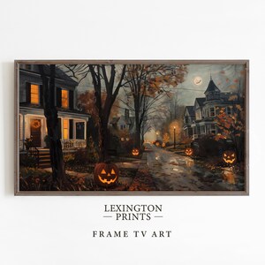 Vintage Halloween Frame TV art for Samsung Frame TV set of 4. This is a bundle of spooky Halloween TV art of jack o lanterns, ghosts, and pumpkins. It is meant to be displayed in a Frame TV. The shop name Lexington Prints is listed below