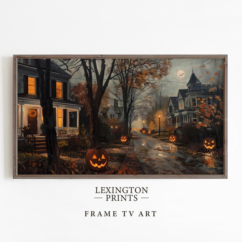 Vintage Halloween Frame TV art for Samsung Frame TV set of 4. This is a bundle of spooky Halloween TV art of jack o lanterns, ghosts, and pumpkins. It is meant to be displayed in a Frame TV. The shop name Lexington Prints is listed below
