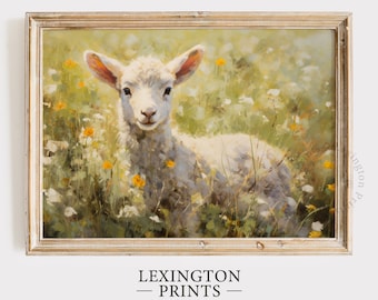 Easter Lamb Wildflower Field Printable Art, Spring Print Easter Print Farmhouse Wall Art Spring Decor Nursery Wall Art Digital Download 650