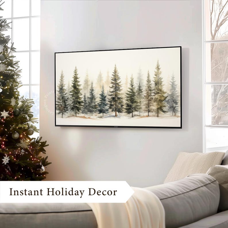 Vintage winter Christmas tree forest wall art Christmas Frame TV art for Samsung Frame TV. This Christmas wall art decor is meant to be displayed in a Frame TV. The shop name Lexington Prints is listed below the frame where the art mockup is.