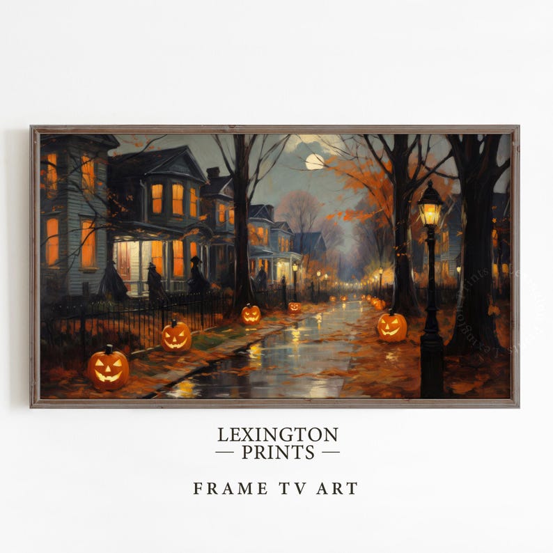 Vintage Halloween Frame TV art for Samsung Frame TV set of 18. This is a bundle of spooky Halloween TV art of jack o lanterns, ghosts, witches, pumpkins, etc and is meant to be displayed in a Frame TV. The shop name Lexington Prints is listed beneath