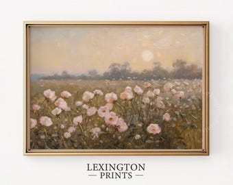 Pastel Pink Wildflower Landscape Print, Vintage Printable Wall Art Pink Spring Print, Farmhouse Print Nursery Wall Art Flower Art Floral 719