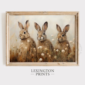 Spring Bunny Rabbits Spring Decor, Vintage Farmhouse Print, Vintage Rabbit Painting Spring Print, Moody Spring Wall Art, Wildflower Art 584