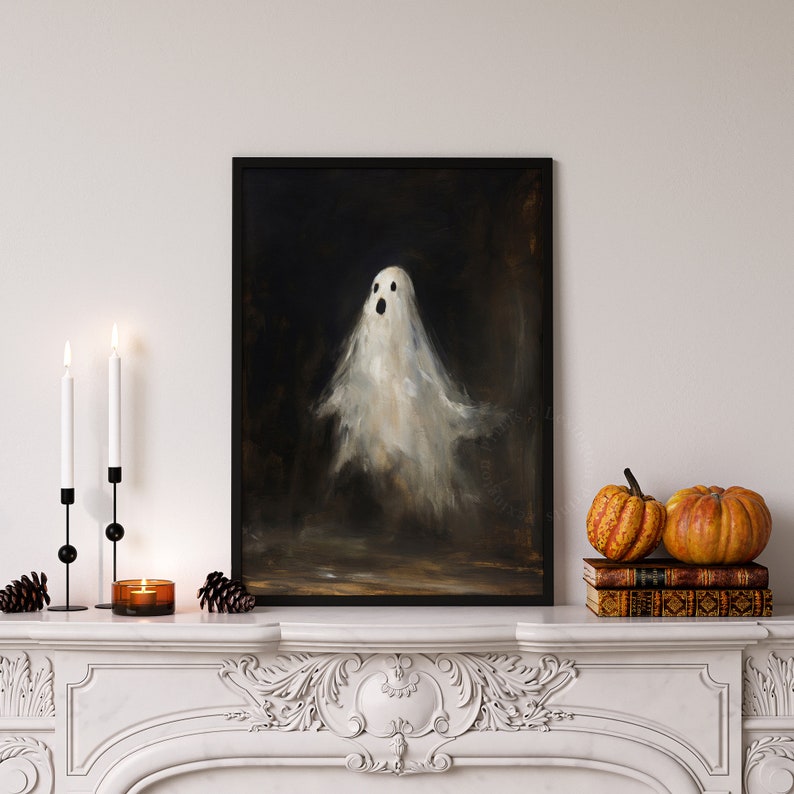 Vintage ghost painting oil painting art print displayed in an antique frame against a white background. The painting features intricate brushwork and colors. The shop name Lexington Prints is written out beneath the wall art frame.