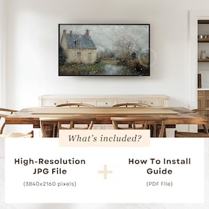 Vintage Spring Frame TV art for the Samsung Frame TV of a dark moody raining spring landscape as seen from the glass of a window. There are water droplets on the window. The artwork features neutral gray and brown tones. This Spring wall art decor is meant to be displayed in a Frame TV and it can also be used as farmhouse decor or cottagecore decor. The shop name Lexington Prints is listed below.