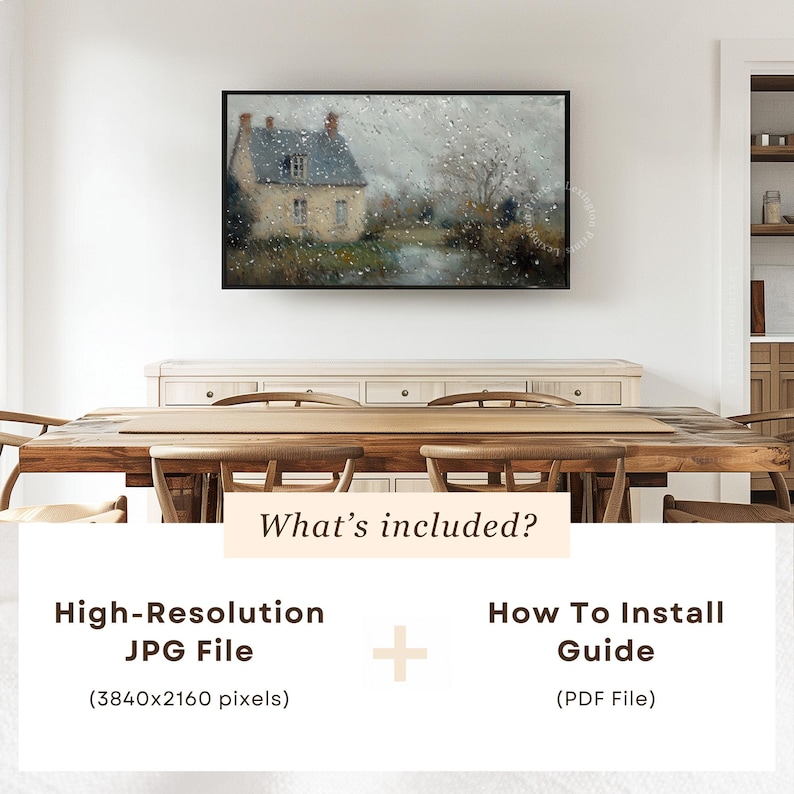 Vintage Spring Frame TV art for the Samsung Frame TV of a dark moody raining spring landscape as seen from the glass of a window. There are water droplets on the window. The artwork features neutral gray and brown tones. This Spring wall art decor is meant to be displayed in a Frame TV and it can also be used as farmhouse decor or cottagecore decor. The shop name Lexington Prints is listed below.