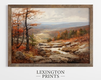 May include: A painting of a rocky landscape with a stream running through it. The trees in the background are in shades of red, orange, and yellow, indicating autumn. The sky is cloudy and gray.