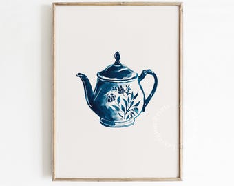 Blue Chinoiserie Teapot PRINTABLE Wall Art, Blue Kitchen Wall Art, Vintage Minimalist Watercolor Illustration, Digital Download #1452