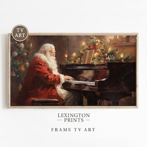 Vintage Christmas winter Santa Claus playing piano music art Frame TV art for Samsung Frame TV. This Christmas wall art decor is meant to be displayed in a Frame TV. The shop name Lexington Prints is listed below the frame where the art mockup is.