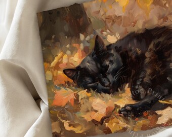 Sleeping Black Cat Print, Fall Printable Wall Art, Halloween Print