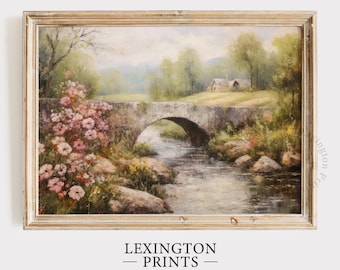 Spring Bridge Spring Landscape Print, Farmhouse Print Spring Decor, Vintage Oil Painting Spring Print, River Wall Art, Wildflower Art 582